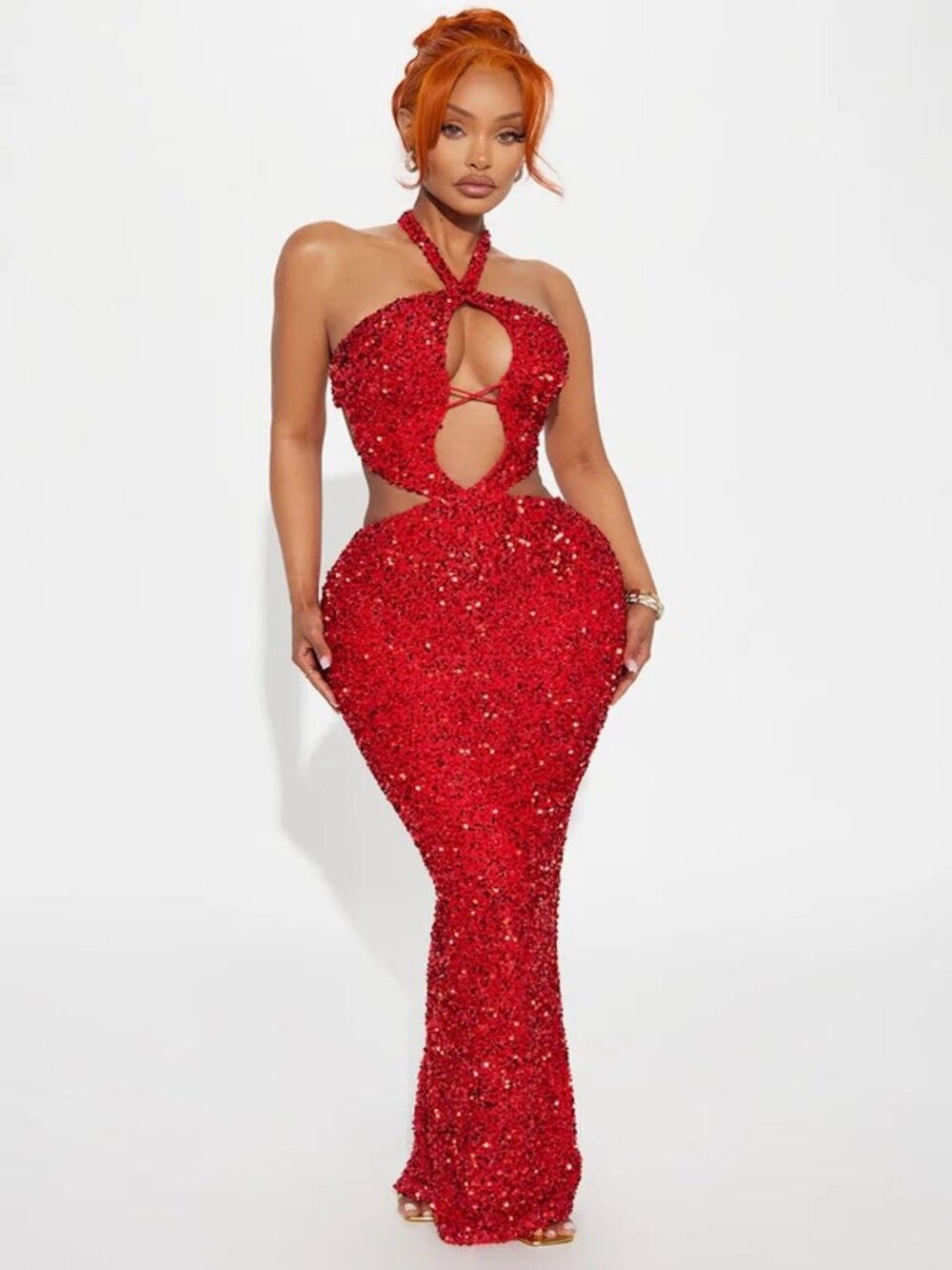Fashion Nova "Jenna" Cut Out Sequin Maxi Dress, Red, Size L